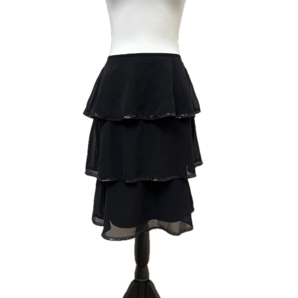 Calvin Klein tiered sheer flounce chiffon black‎ midi skirt sequins size medium